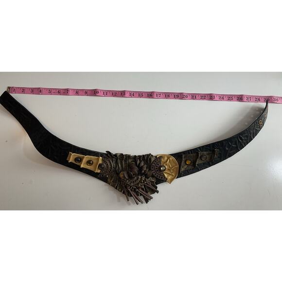 80s Nina Arjani Medium Leatherock Belt Artisan Black Gold Statement Belt Leather - Picture 8 of 8